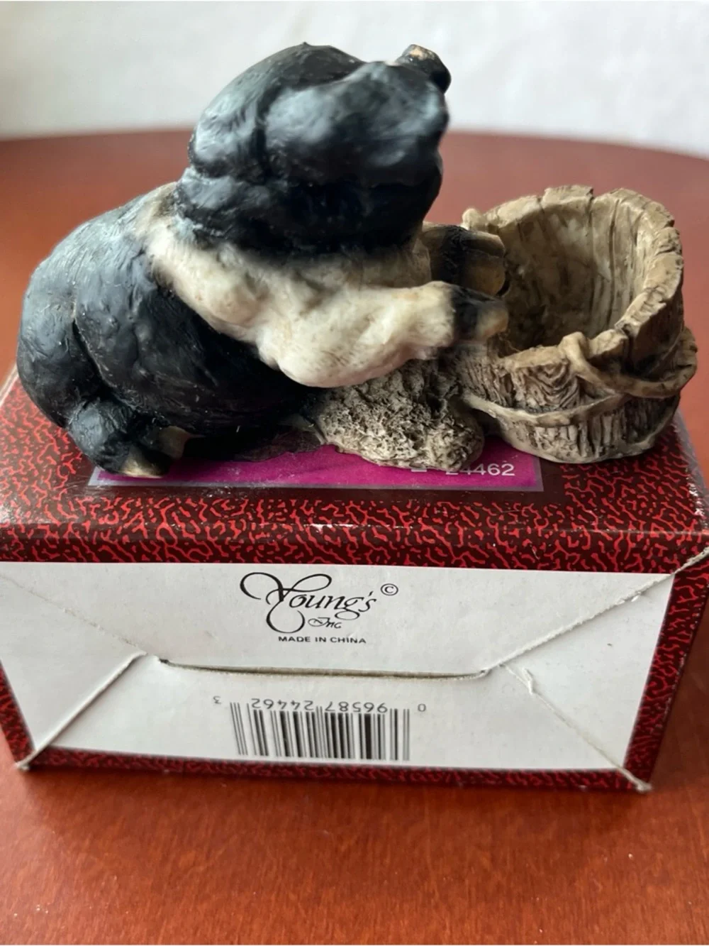 Vintage Porcelain Black & White Pig Figurine with Woven Basket Farm Model 24462